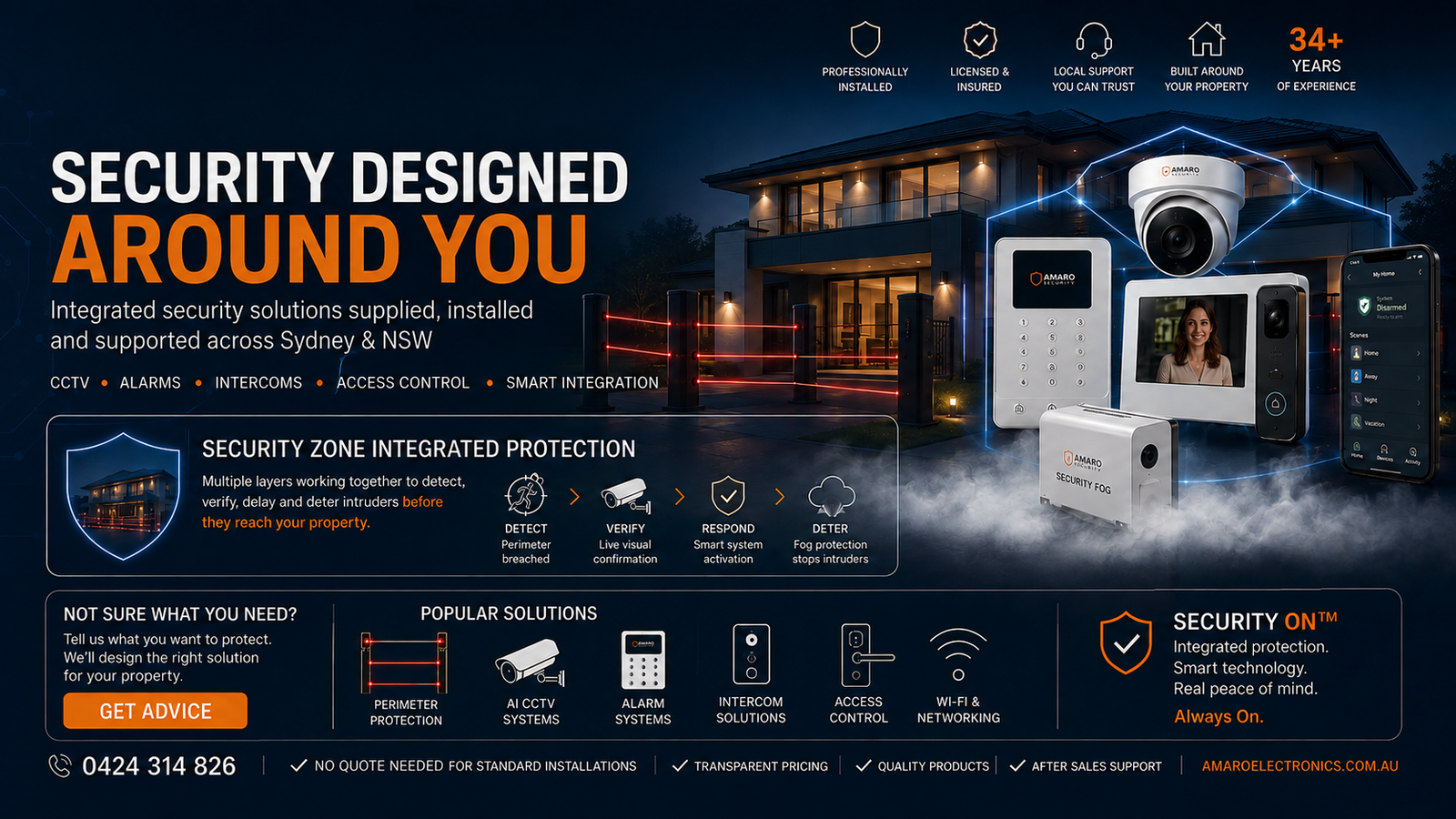 Professional security systems supplied and installed across Sydney and NSW, featuring CCTV cameras, alarm keypad and video intercom for residential security.